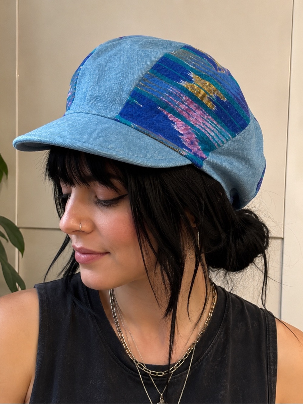 Reversible Light Blue Denim Cap with Multicolor Panel